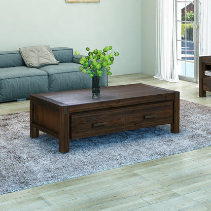 Coffee Table Solid Acacia Wood & Veneer 1 Drawers Storage Chocolate Colour - Cosy Abode