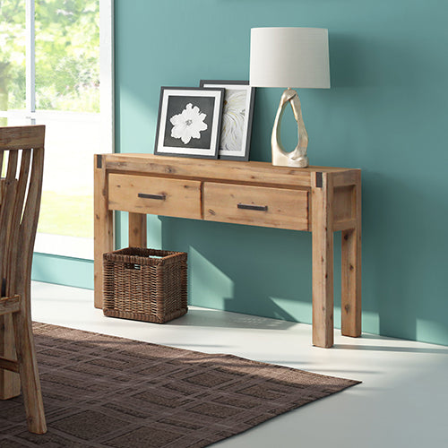 Hall Table 2 Storage Drawers Solid Acacia Wooden Frame Hallway in Oak Color - Cosy Abode