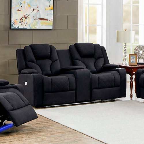 Electric Recliner Stylish Rhino Fabric Black Couch 2 Seater Lounge with LED Features - Cosy Abode