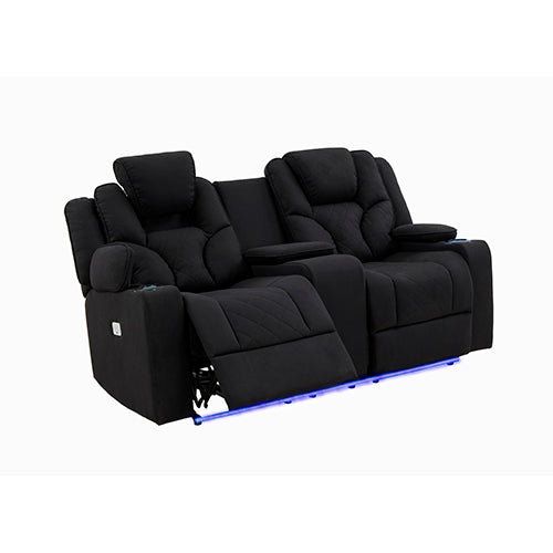 Electric Recliner Stylish Rhino Fabric Black Couch 2 Seater Lounge with LED Features - Cosy Abode
