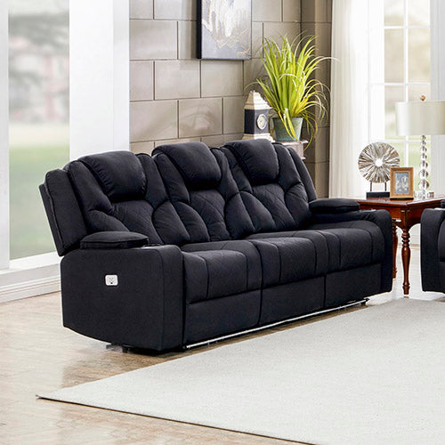 Electric Recliner Stylish Rhino Fabric Black Couch 3 Seater Lounge with LED Features - Cosy Abode