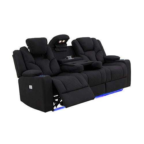 Electric Recliner Stylish Rhino Fabric Black Couch 3 Seater Lounge with LED Features - Cosy Abode