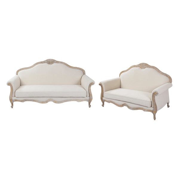 Oak Wood White Washed Finish Rolled Armrest 3+2 Seater Sofa Set Linen Fabric - Cosy Abode