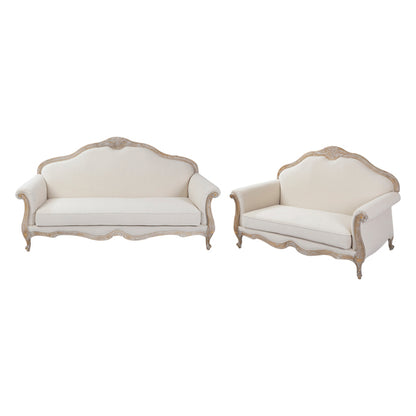 Oak Wood White Washed Finish Rolled Armrest 3+2 Seater Sofa Set Linen Fabric - Cosy Abode
