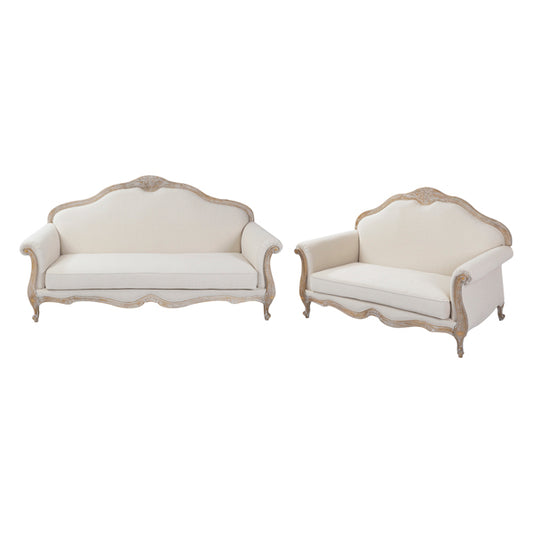 Oak Wood White Washed Finish Rolled Armrest 3+2 Seater Sofa Set Linen Fabric - Cosy Abode