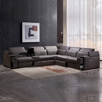 Corner Sofa Square Wedge Finest Genuine Leather Grey Electric Recliner Storage Drawer with 2x Cup Holders Lounge Set for Living Room - Cosy Abode