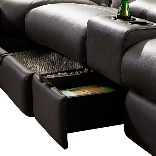 Corner Sofa Square Wedge Finest Genuine Leather Grey Electric Recliner Storage Drawer with 2x Cup Holders Lounge Set for Living Room - Cosy Abode