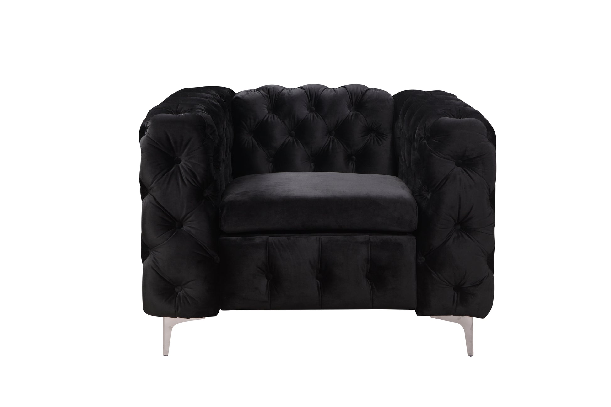 Single Seater Black Sofa Classic Armchair Button Tufted in Velvet Fabric with Metal Legs - Cosy Abode