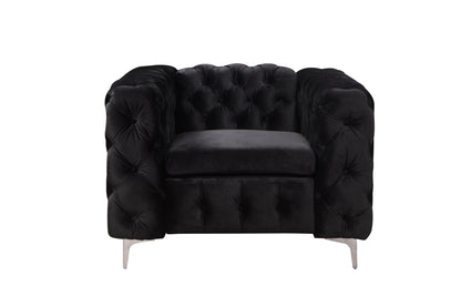 Single Seater Black Sofa Classic Armchair Button Tufted in Velvet Fabric with Metal Legs - Cosy Abode