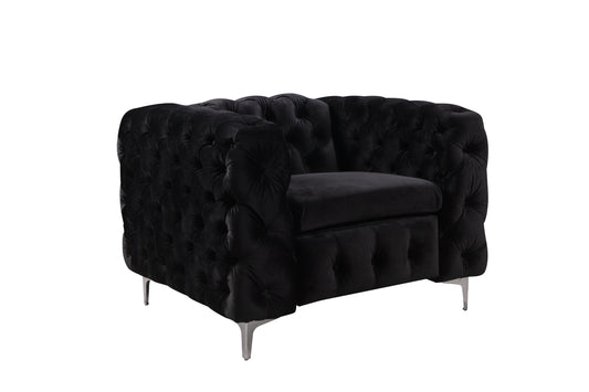 Single Seater Black Sofa Classic Armchair Button Tufted in Velvet Fabric with Metal Legs - Cosy Abode
