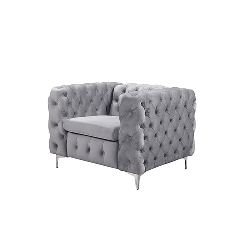 Single Seater Grey Sofa Classic Armchair Button Tufted in Velvet Fabric with Metal Legs - Cosy Abode