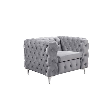 Single Seater Grey Sofa Classic Armchair Button Tufted in Velvet Fabric with Metal Legs - Cosy Abode