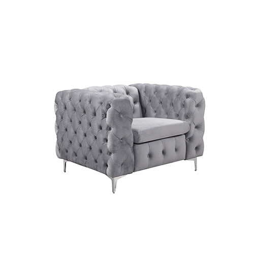 Single Seater Grey Sofa Classic Armchair Button Tufted in Velvet Fabric with Metal Legs - Cosy Abode