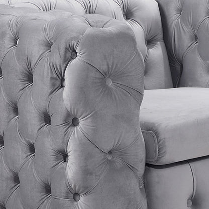 Single Seater Grey Sofa Classic Armchair Button Tufted in Velvet Fabric with Metal Legs - Cosy Abode
