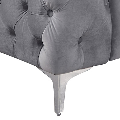 Single Seater Grey Sofa Classic Armchair Button Tufted in Velvet Fabric with Metal Legs - Cosy Abode