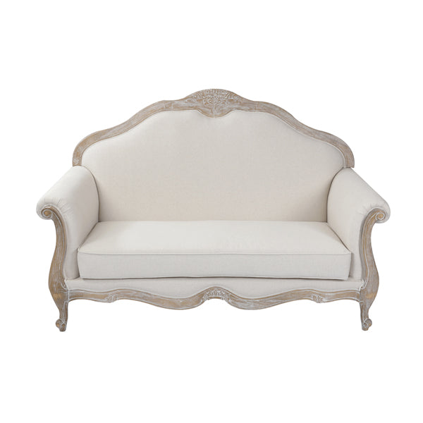 Oak Wood White Washed Finish Rolled Armrest 2 Seater Sofa Linen Fabric - Cosy Abode
