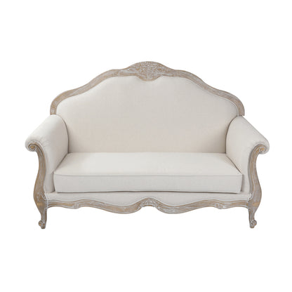 Oak Wood White Washed Finish Rolled Armrest 2 Seater Sofa Linen Fabric - Cosy Abode