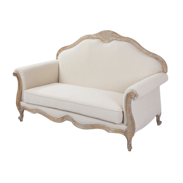 Oak Wood White Washed Finish Rolled Armrest 2 Seater Sofa Linen Fabric - Cosy Abode