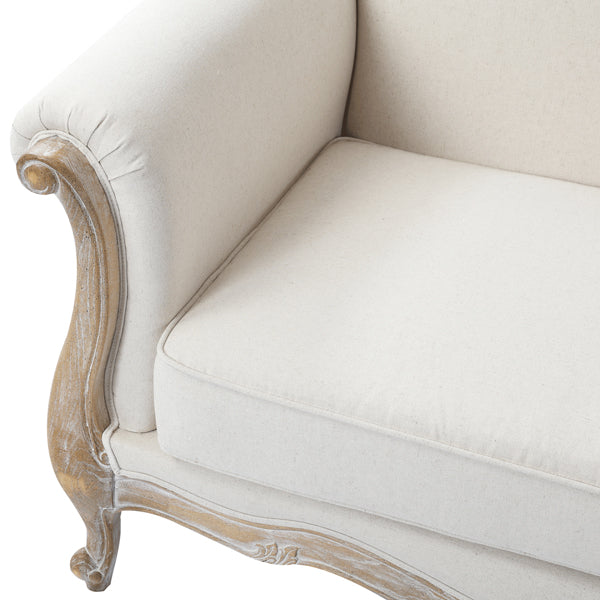 Oak Wood White Washed Finish Rolled Armrest 2 Seater Sofa Linen Fabric - Cosy Abode
