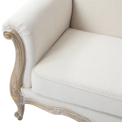Oak Wood White Washed Finish Rolled Armrest 2 Seater Sofa Linen Fabric - Cosy Abode