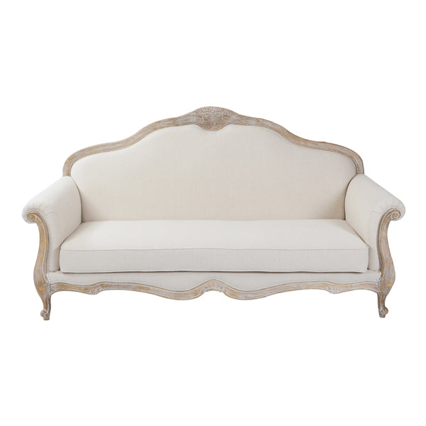 Oak Wood White Washed Finish Rolled Armrest 3 Seater Sofa Linen Fabric - Cosy Abode