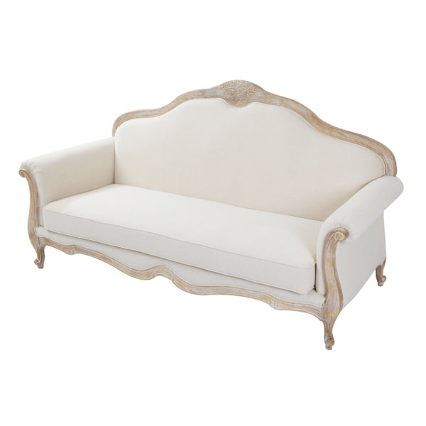 Oak Wood White Washed Finish Rolled Armrest 3 Seater Sofa Linen Fabric - Cosy Abode
