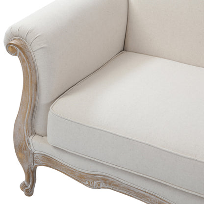 Oak Wood White Washed Finish Rolled Armrest 3 Seater Sofa Linen Fabric - Cosy Abode