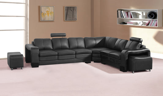 Lounge Set Luxurious 6 Seater Faux Leather Corner Sofa Living Room Couch in Black with 2x Ottomans - Cosy Abode