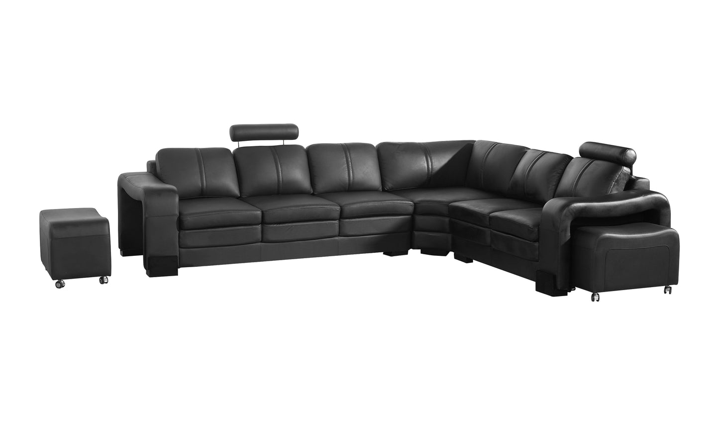 Lounge Set Luxurious 6 Seater Faux Leather Corner Sofa Living Room Couch in Black with 2x Ottomans - Cosy Abode