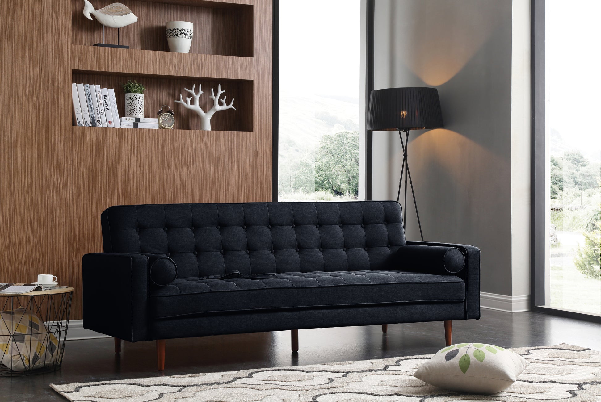 Sofa Bed 3 Seater Button Tufted Lounge Set for Living Room Couch in Velvet Black Colour - Cosy Abode