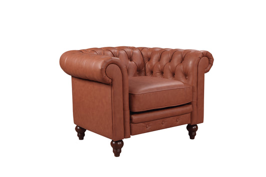 Single Seater Brown Sofa Armchair for Lounge Chesterfireld Style Button Tufted in Faux Leather - Cosy Abode