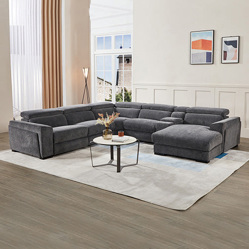 Grey Colour Corner Sofa Chaise Premium Fabric Electric Recliner With Manual Headrest Cup-Holder Charging Point Lighting - Cosy Abode