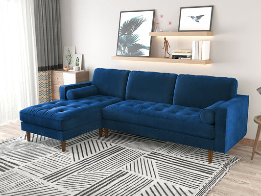 Velvet Upholstery 2 Seater Tufted Sofa Blue Color Lounge Set for Living Room Couch with Chaise - Cosy Abode