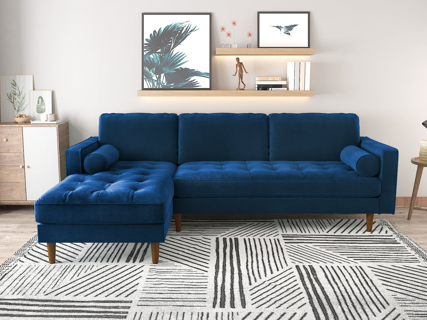 Velvet Upholstery 2 Seater Tufted Sofa Blue Color Lounge Set for Living Room Couch with Chaise - Cosy Abode