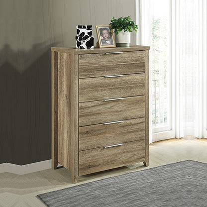 Tallboy with 5 Storage Drawers Natural Wood like MDF in Oak Colour - Cosy Abode