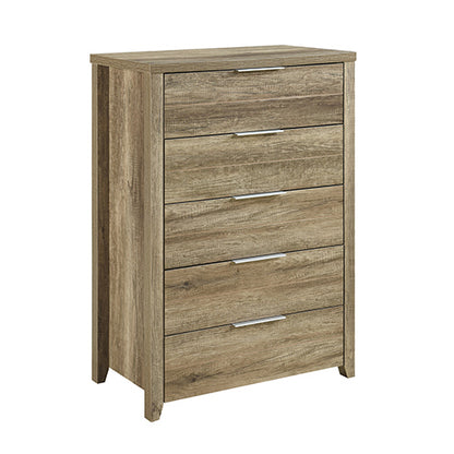 Tallboy with 5 Storage Drawers Natural Wood like MDF in Oak Colour - Cosy Abode