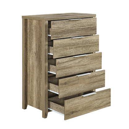 Tallboy with 5 Storage Drawers Natural Wood like MDF in Oak Colour - Cosy Abode