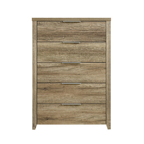 Tallboy with 5 Storage Drawers Natural Wood like MDF in Oak Colour - Cosy Abode