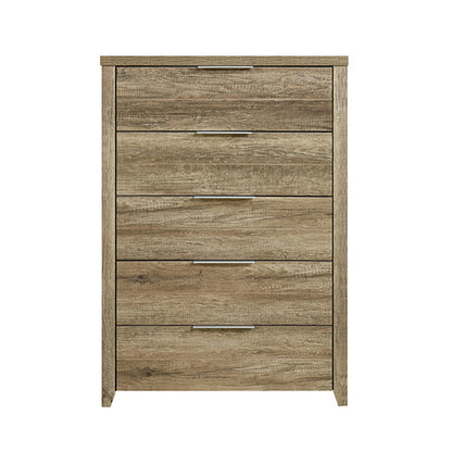 Tallboy with 5 Storage Drawers Natural Wood like MDF in Oak Colour - Cosy Abode