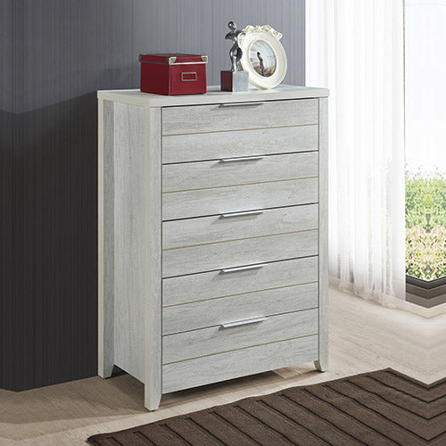 Tallboy with 5 Storage Drawers Natural Wood like MDF in White Ash Colour - Cosy Abode