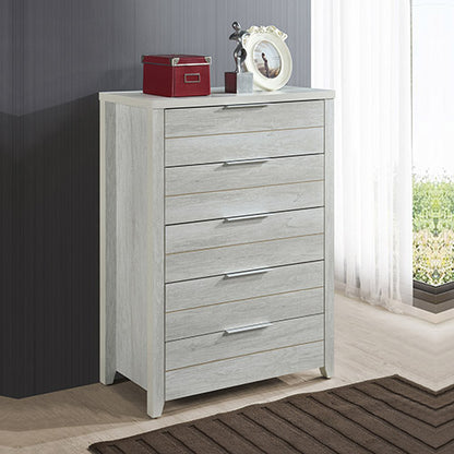 Tallboy with 5 Storage Drawers Natural Wood like MDF in White Ash Colour - Cosy Abode