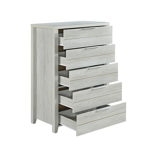 Tallboy with 5 Storage Drawers Natural Wood like MDF in White Ash Colour - Cosy Abode