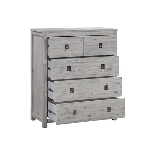 Tallboy with 5 Storage Drawers in Cloud White Ash Color with Solid Acacia Wooden Frame - Cosy Abode