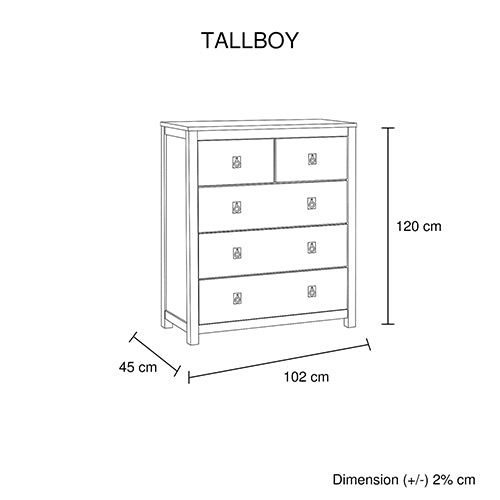 Tallboy with 5 Storage Drawers in Cloud White Ash Color with Solid Acacia Wooden Frame - Cosy Abode