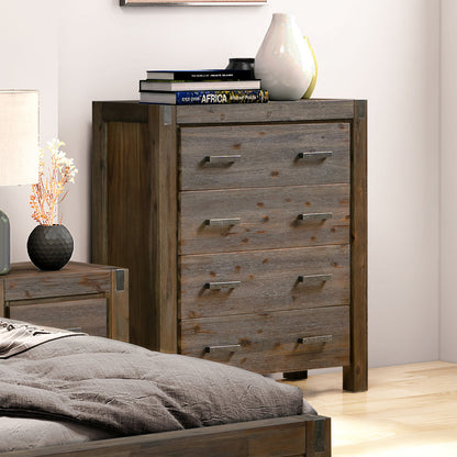 Tallboy with 4 Storage Drawers Solid Wooden Assembled in Chocolate Colour - Cosy Abode