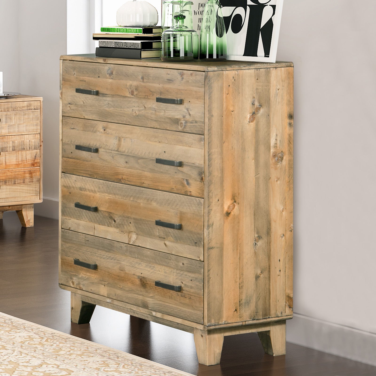 Tallboy with 4 Storage Drawers in Wooden Light Brown Colour - Cosy Abode