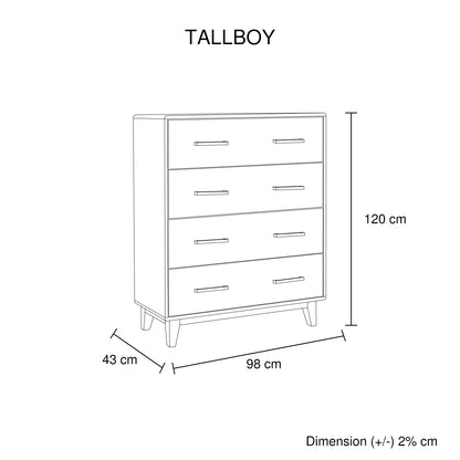 Tallboy with 4 Storage Drawers in Wooden Light Brown Colour - Cosy Abode