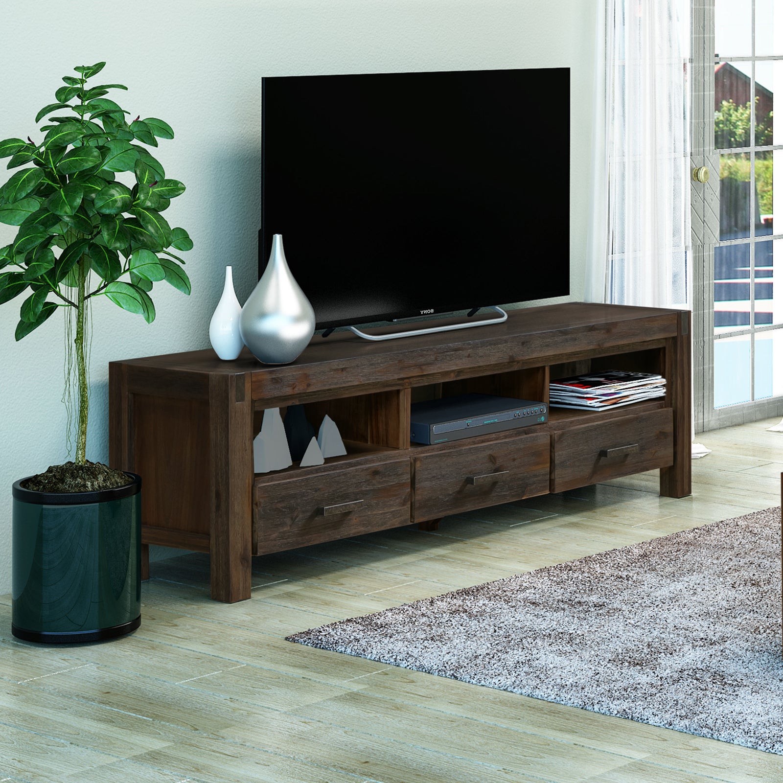 TV Cabinet with 3 Storage Drawers with Shelf Solid Acacia Wooden Frame Entertainment Unit in Chocolate Colour - Cosy Abode