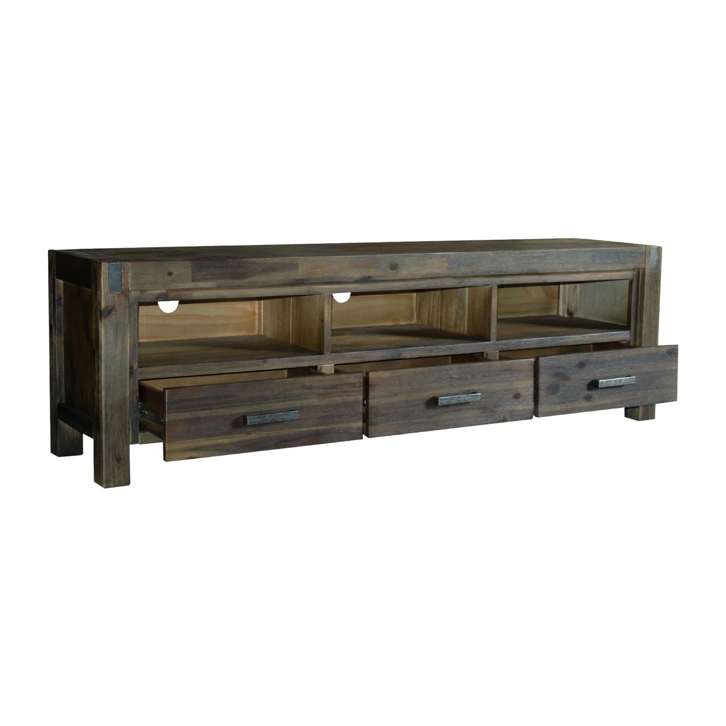 TV Cabinet with 3 Storage Drawers with Shelf Solid Acacia Wooden Frame Entertainment Unit in Chocolate Colour - Cosy Abode