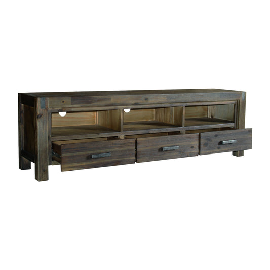 TV Cabinet with 3 Storage Drawers with Shelf Solid Acacia Wooden Frame Entertainment Unit in Chocolate Colour - Cosy Abode